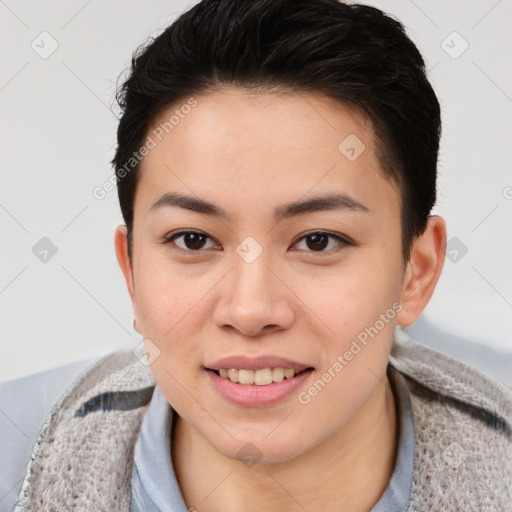 Joyful white young-adult female with short  brown hair and brown eyes