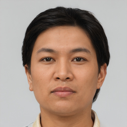 Neutral asian young-adult male with short  brown hair and brown eyes