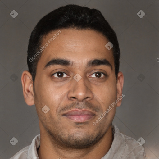 Neutral latino young-adult male with short  brown hair and brown eyes