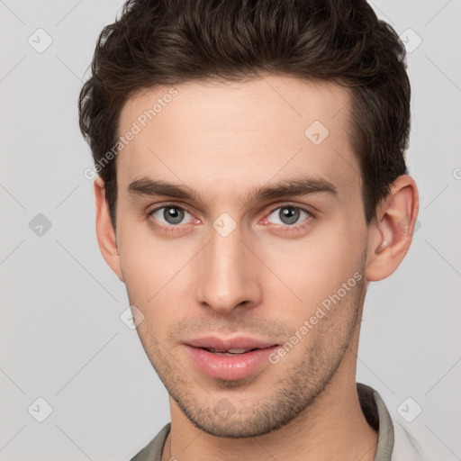 Neutral white young-adult male with short  brown hair and brown eyes