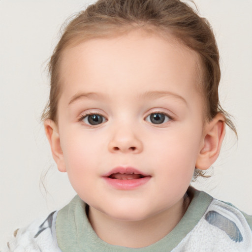 Neutral white child female with medium  brown hair and blue eyes