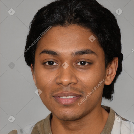 Joyful latino young-adult female with short  black hair and brown eyes