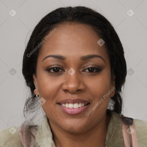 Joyful black young-adult female with medium  brown hair and brown eyes