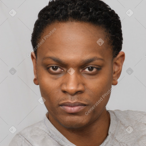 Neutral black young-adult female with short  black hair and brown eyes