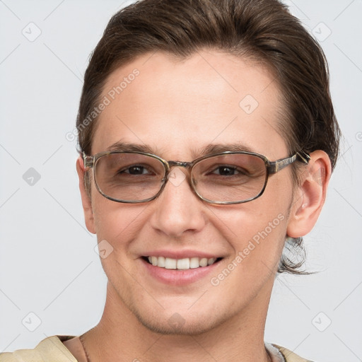 Joyful white young-adult female with short  brown hair and grey eyes