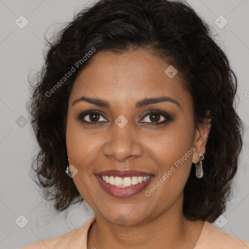 Joyful black young-adult female with medium  brown hair and brown eyes