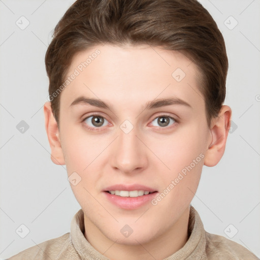 Joyful white young-adult female with short  brown hair and grey eyes