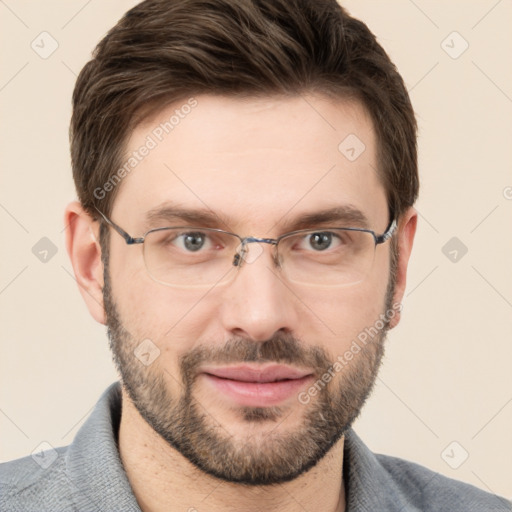 Joyful white adult male with short  brown hair and grey eyes