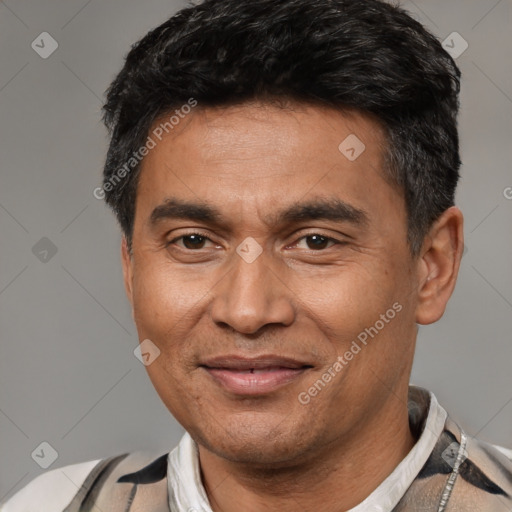 Joyful white adult male with short  black hair and brown eyes