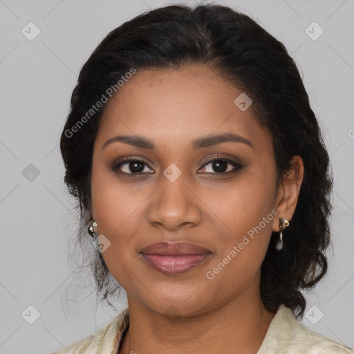 Joyful black young-adult female with medium  brown hair and brown eyes