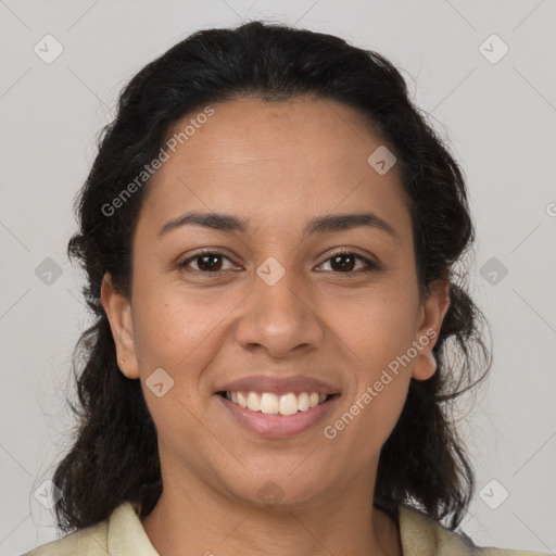 Joyful latino young-adult female with medium  brown hair and brown eyes