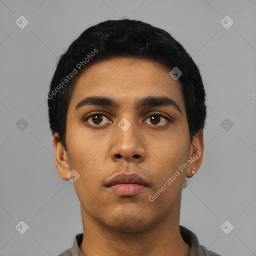 Neutral latino young-adult male with short  black hair and brown eyes