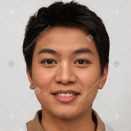 Joyful asian young-adult male with short  brown hair and brown eyes