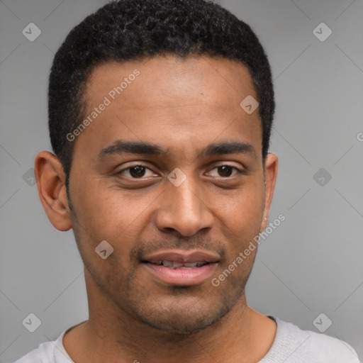 Joyful black young-adult male with short  brown hair and brown eyes