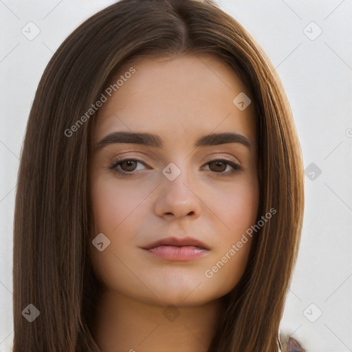 Neutral white young-adult female with long  brown hair and brown eyes