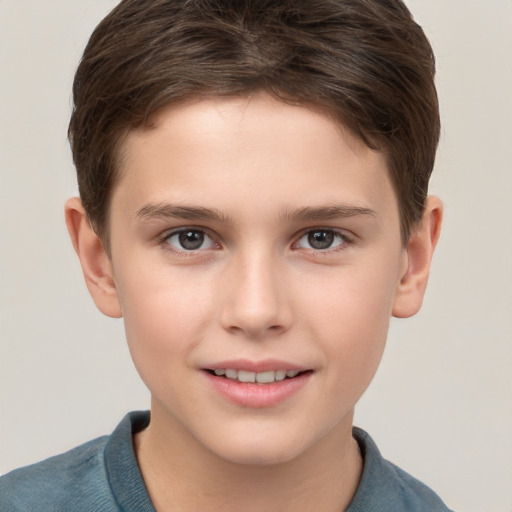 Joyful white child female with short  brown hair and brown eyes