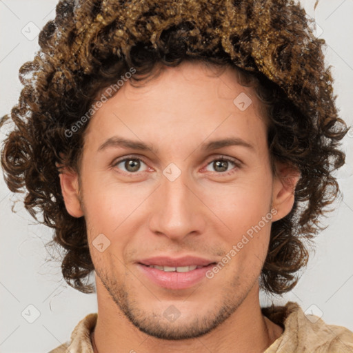 Joyful white young-adult male with medium  brown hair and brown eyes