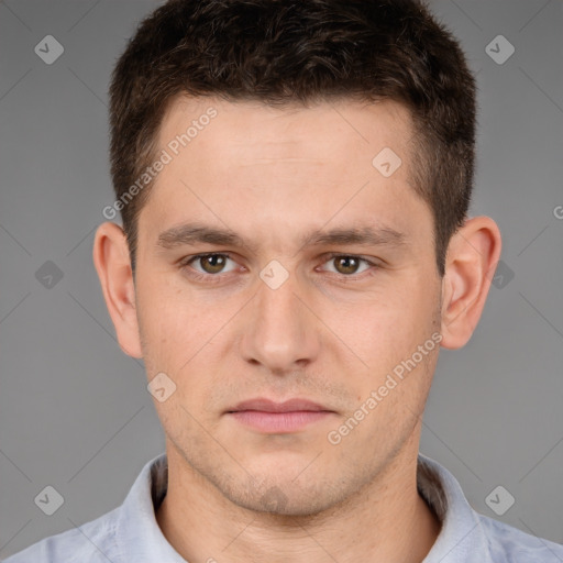 Neutral white young-adult male with short  brown hair and brown eyes