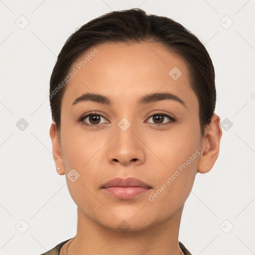 Neutral white young-adult female with short  brown hair and brown eyes