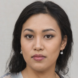 Neutral asian young-adult female with medium  brown hair and brown eyes