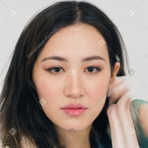 Neutral asian young-adult female with long  brown hair and brown eyes