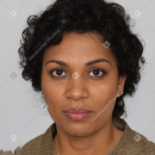 Neutral black young-adult female with short  black hair and brown eyes