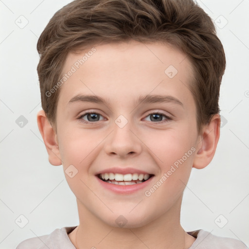 Joyful white child female with short  brown hair and brown eyes