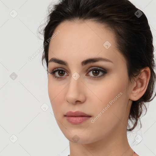 Neutral white young-adult female with medium  brown hair and brown eyes