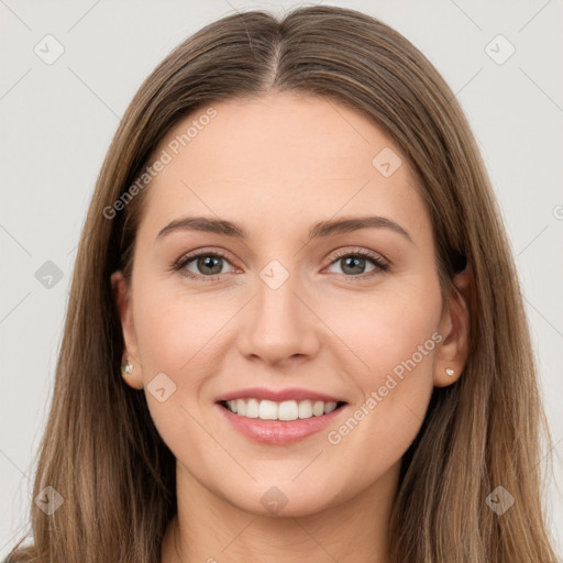 Joyful white young-adult female with long  brown hair and grey eyes