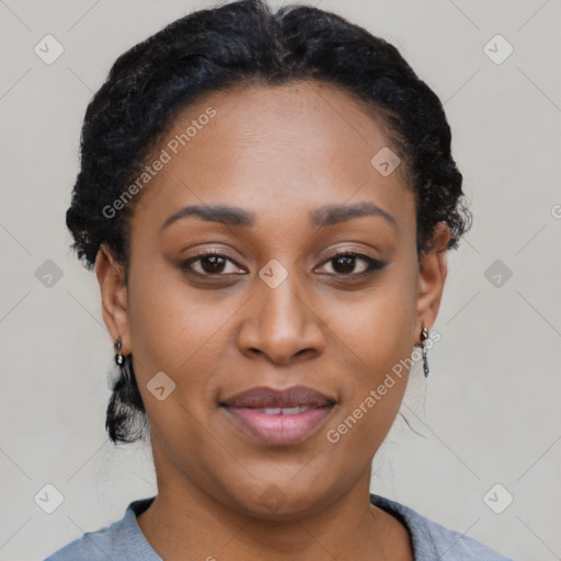 Joyful latino young-adult female with short  black hair and brown eyes