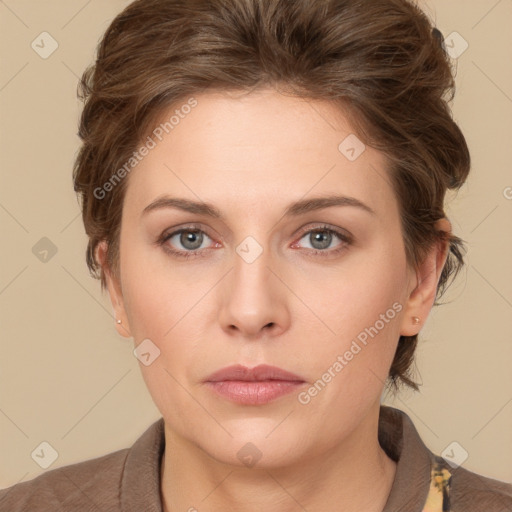 Neutral white young-adult female with short  brown hair and brown eyes