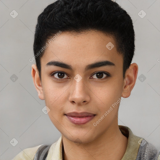 Joyful latino young-adult male with short  black hair and brown eyes