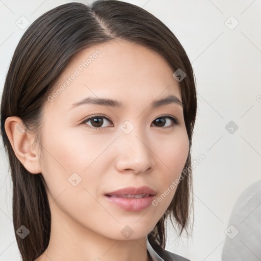 Neutral white young-adult female with long  brown hair and brown eyes