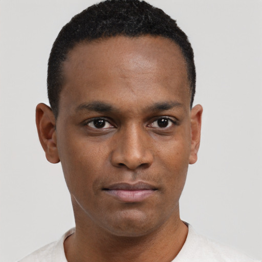 Neutral black young-adult male with short  black hair and brown eyes