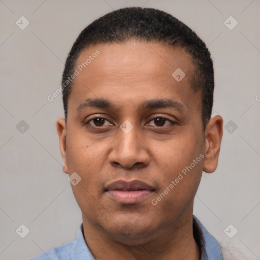 Neutral latino young-adult male with short  black hair and brown eyes