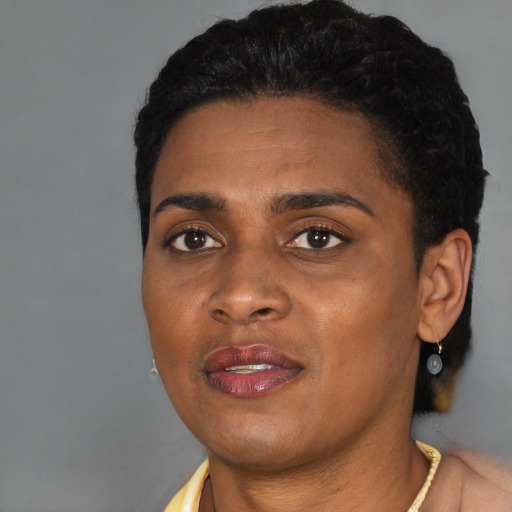 Joyful black young-adult female with short  black hair and brown eyes