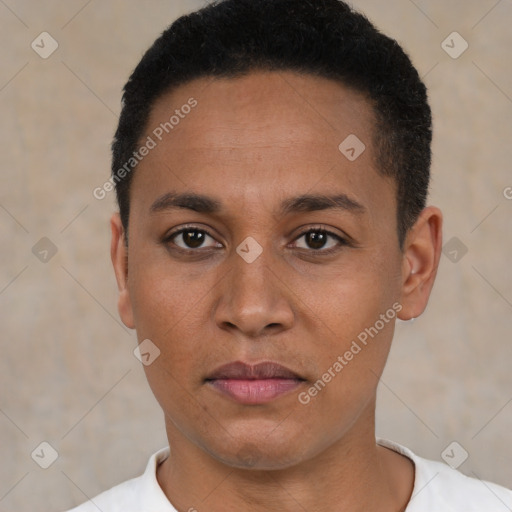 Neutral latino young-adult male with short  black hair and brown eyes