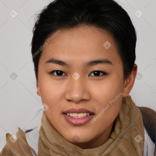 Joyful asian young-adult female with medium  brown hair and brown eyes