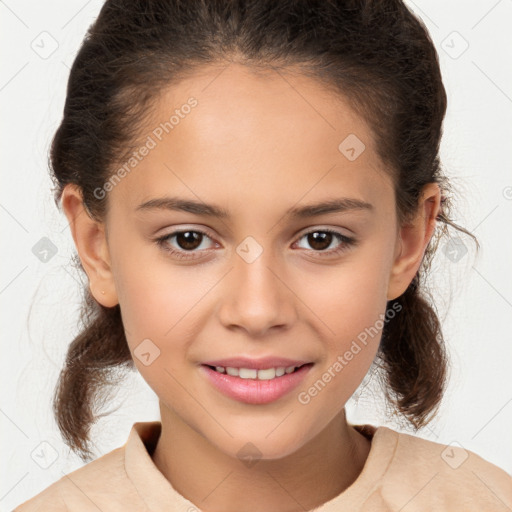 Joyful white child female with medium  brown hair and brown eyes