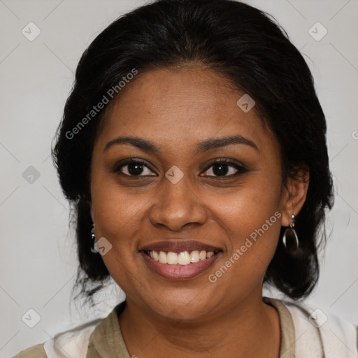 Joyful black young-adult female with medium  brown hair and brown eyes