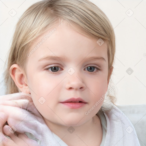 Neutral white child female with medium  brown hair and blue eyes