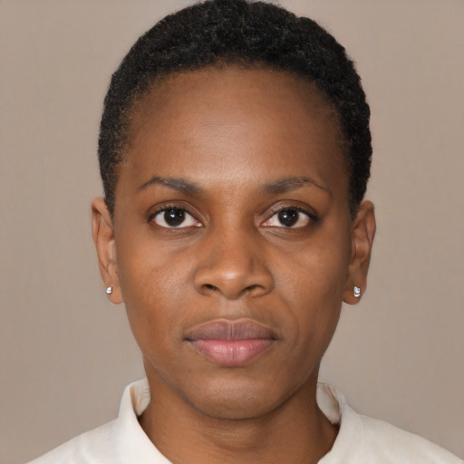 Neutral black young-adult female with short  brown hair and brown eyes
