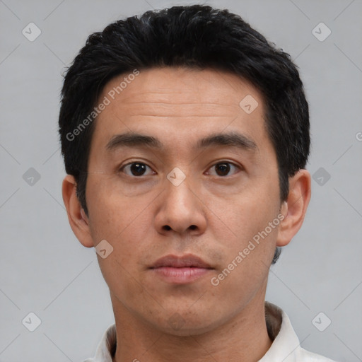 Neutral asian young-adult male with short  black hair and brown eyes