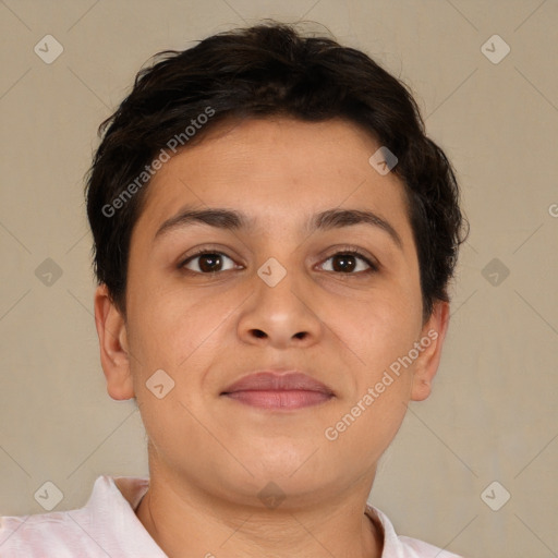 Joyful white young-adult female with short  brown hair and brown eyes