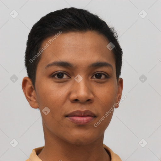 Joyful latino young-adult female with short  brown hair and brown eyes