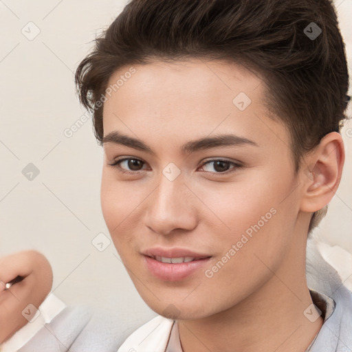 Joyful white young-adult female with short  brown hair and brown eyes