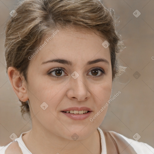 Joyful white young-adult female with medium  brown hair and brown eyes