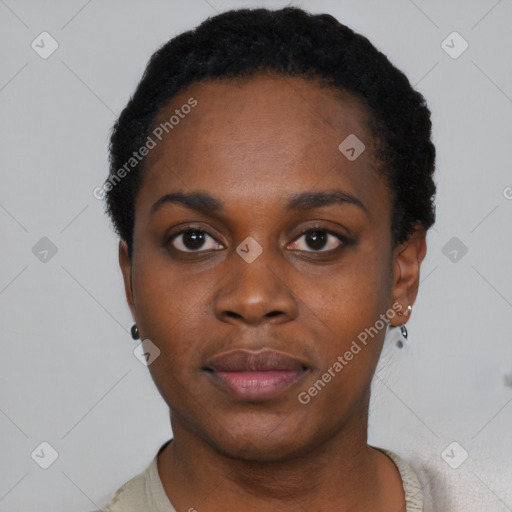 Neutral black young-adult female with short  black hair and brown eyes