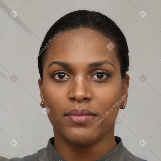 Neutral black young-adult female with short  black hair and brown eyes