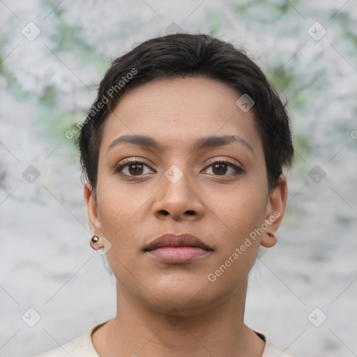 Neutral latino young-adult female with short  brown hair and brown eyes